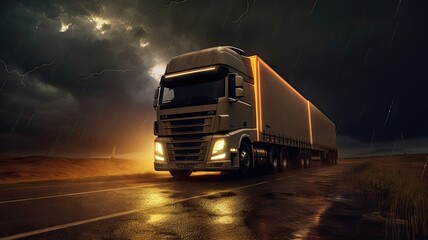 Lorry and Lightning Illuminate the Dark. Nighttime Scene