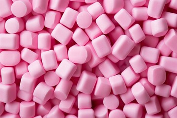 close view of multiple pink chewing gums forming a background. Generative AI