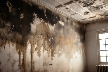 Ceiling or wall with unhealthy black mold and mildew caused by inadequate ventilation and high humidity. Generative AI