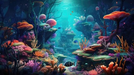 Naklejka premium Exploring a Surreal Underwater World. Sea Creatures, Coral Reefs, and Otherworldly Landscapes