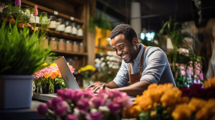 Portrait of man entrepreneur sitting in own flower shop, working on laptop.