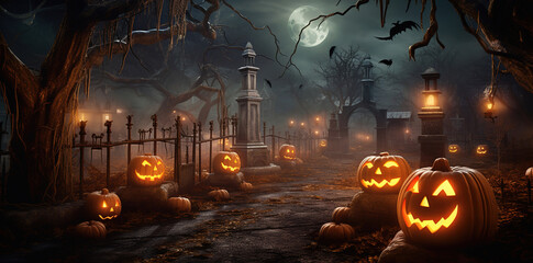 jack o lanterns in the graveyard, halloween, generative ai