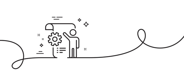 Settings blueprint line icon. Continuous one line with curl. Engineering cogwheel tool sign. Cog gear symbol. Settings blueprint single outline ribbon. Loop curve pattern. Vector