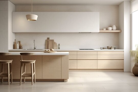 A kitchen mockup with gentle, muted tones in the interior design. Generative AI