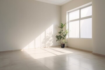 Minimalist empty room with beige and white backgrounds, concrete floor, sun ray, cozy home, indoor plant. Copy space area for office and living rooms. Generative AI