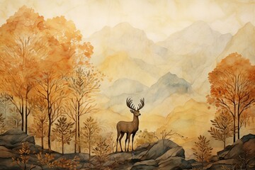 Golden trees, deer, hills, mountains on vintage watercolor background. Generative AI