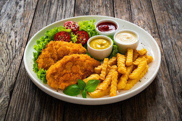 Seared breaded chicken nuggets with French fries and fresh vegetables on wooden table
