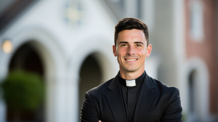 Portrait of a male priest standing in front of church