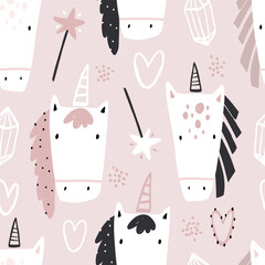 Vector hand-drawn seamless repeating childish simple pattern with cute unicorns in Scandinavian style on a gray background. Children's texture with unicorns. Horse. Funny animals sketch.