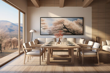 modern dining room with tall windows, mountain view