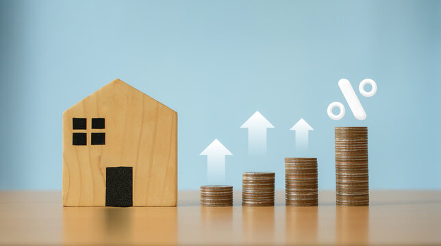 Percentage symbol for interest rate increase on pile of coins and sample house. Interest rate hikes, home loans, mortgages, home taxes. Investment and asset management concepts.