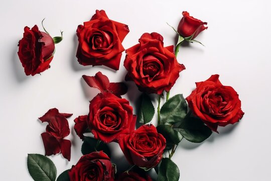 Creative arrangement of flowers - red roses in a bouquet, isolated on white. Top view, flat lay with copy space. Generative AI