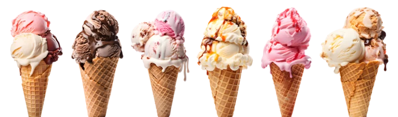 Foto auf Alu-Dibond Ice cream triple scoop, classic flavour collection on waffle cone on transparent background cutout, PNG file. Many assorted different flavour Mockup template for artwork design © Sandra Chia