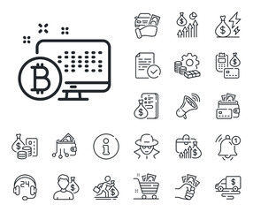 Cryptocurrency monitor sign. Cash money, loan and mortgage outline icons. Bitcoin line icon. Crypto money symbol. Bitcoin system line sign. Credit card, crypto wallet icon. Vector