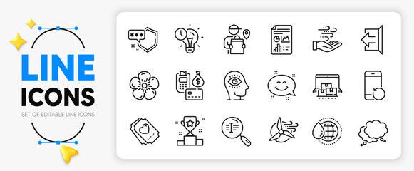 Delivery man, Love ticket and Shield line icons set for app include Meditation eye, Windmill turbine, Speech bubble outline thin icon. Online storage, Time management. Vector