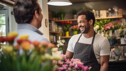 Owner of a flower shop talks to a customer to help him choose a bouquet of flowers