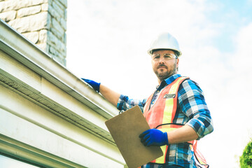 man with hard hat standing on steps inspecting house roof