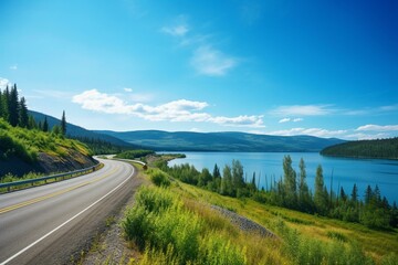 Sunny summer day on highway in British Columbia with scenic lake view, curvy road, Canadian nature north of Prince George. Generative AI