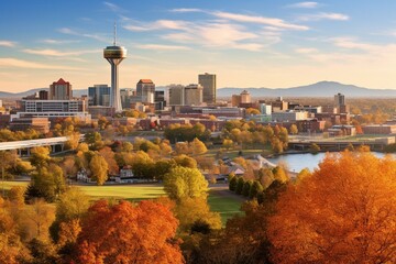Panoramic view of Knoxville skyline from Worlds Fair Park, Tennessee. County seat of Knox County. Generative AI