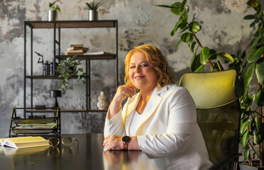 Plus size mature European lady in Business style, illustration of worker of middle age	