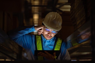 A stressed male manager or worker sits leaning against a box holding a tablet and in a warehouse. Concept of thinking about problems at work. supply chain and warehouse business concept .