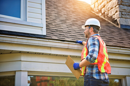 Man With Hard Hat Standing On Steps Inspecting House Roof