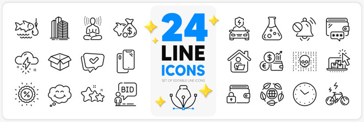 Icons set of Piggy bank, Approved and Time line icons pack for app with Chemistry lab, Smartphone, Cyber attack thin outline icon. E-bike, Smile, Car charging pictogram. Currency rate. Vector