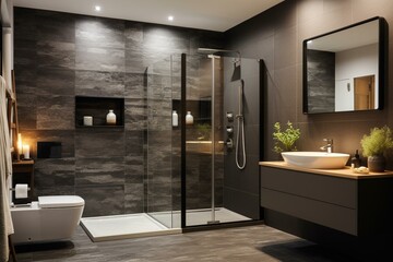 A contemporary bathroom with a toilet, shower, black and white marble finishes, sandstone brickwork, track lights, pendants, shower cabin, window with a curtain. Generative AI - obrazy, fototapety, plakaty