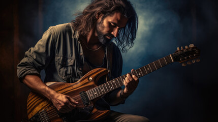 Obraz premium Male musician playing guitar at a rock concert