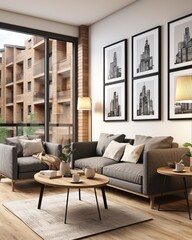 Stylish mock up poster frame, nordic and contemporary interior design. Gallery wall with empty frame and copy space. Scandinavian style home interior design of modern living room.