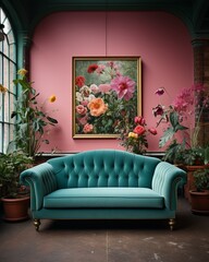 Stylish mock up poster frame, nordic and contemporary interior design. Gallery wall with empty frame and copy space. Scandinavian style home interior design of modern living room.