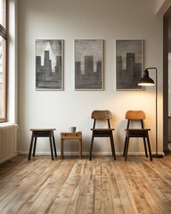 Stylish mock up poster frame, nordic and contemporary interior design. Gallery wall with empty frame and copy space. Scandinavian style home interior design of modern living room.