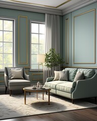 Stylish mock up poster frame, nordic and contemporary interior design. Gallery wall with empty frame and copy space. Scandinavian style home interior design of modern living room.