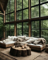 Stylish mock up poster frame, nordic and contemporary interior design. Gallery wall with empty frame and copy space. Scandinavian style home interior design of modern living room.