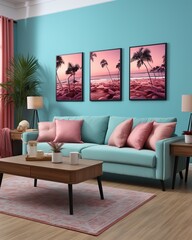 Stylish mock up poster frame, nordic and contemporary interior design. Gallery wall with empty frame and copy space. Scandinavian style home interior design of modern living room.