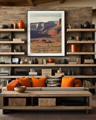 Stylish mock up poster frame, nordic and contemporary interior design. Gallery wall with empty frame and copy space. Scandinavian style home interior design of modern living room.
