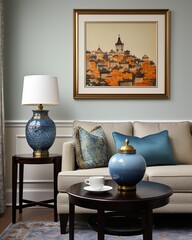 Stylish mock up poster frame, nordic and contemporary interior design. Gallery wall with empty frame and copy space. Scandinavian style home interior design of modern living room.