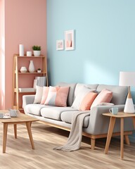 Stylish mock up poster frame, nordic and contemporary interior design. Gallery wall with empty frame and copy space. Scandinavian style home interior design of modern living room.