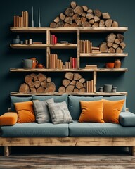 Stylish mock up poster frame, nordic and contemporary interior design. Gallery wall with empty frame and copy space. Scandinavian style home interior design of modern living room.