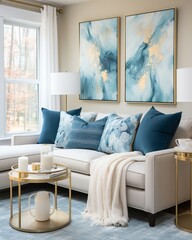 Stylish mock up poster frame, nordic and contemporary interior design. Gallery wall with empty frame and copy space. Scandinavian style home interior design of modern living room.