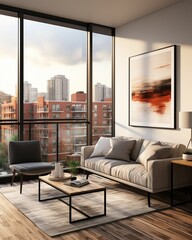 Stylish mock up poster frame, nordic and contemporary interior design. Gallery wall with empty frame and copy space. Scandinavian style home interior design of modern living room.