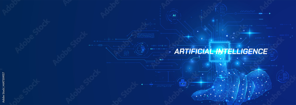 Poster Abstract low poly hand use finger pressing on CPU circuit board line artificial intelligence. ai analysis deep machine learning on circular hud system vector background.