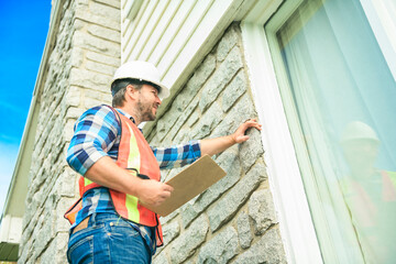 Naklejka na ściany i meble worker man with hard hat inspecting house window