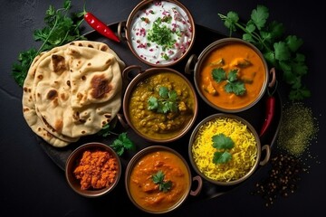 Selection of Indian cuisine dishes on a stone backdrop. Includes chicken tikka masala, palak paneer, saffron rice, lentil soup, pita bread, and spices. View from above. Generative AI