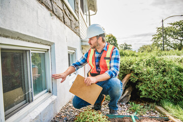 man with hard hat inspecting house window