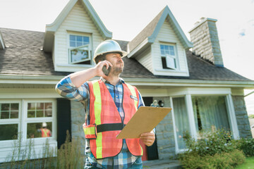 man with hard hat standing in front of a house to inspect