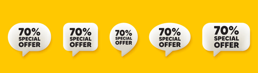 70 percent discount offer tag. 3d chat speech bubbles set. Sale price promo sign. Special offer symbol. Discount talk speech message. Talk box infographics. Vector
