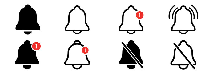 Notification bell icon. Alarm symbol. Ringing bells. Alarm clock and smartphone application alert.
