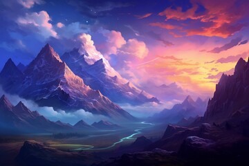 Colorful sky cloud and mountain fantasy backdrop with realistic illustration and digital painting of a scenery. Generative AI