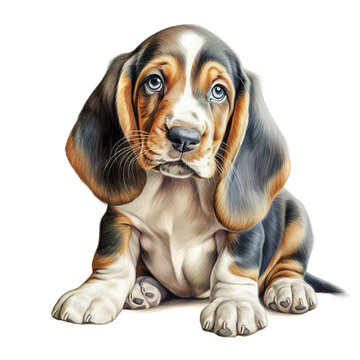 Portrait of basset hound puppy. color pencil drawing painting on white background. Digital illustration generative AI.